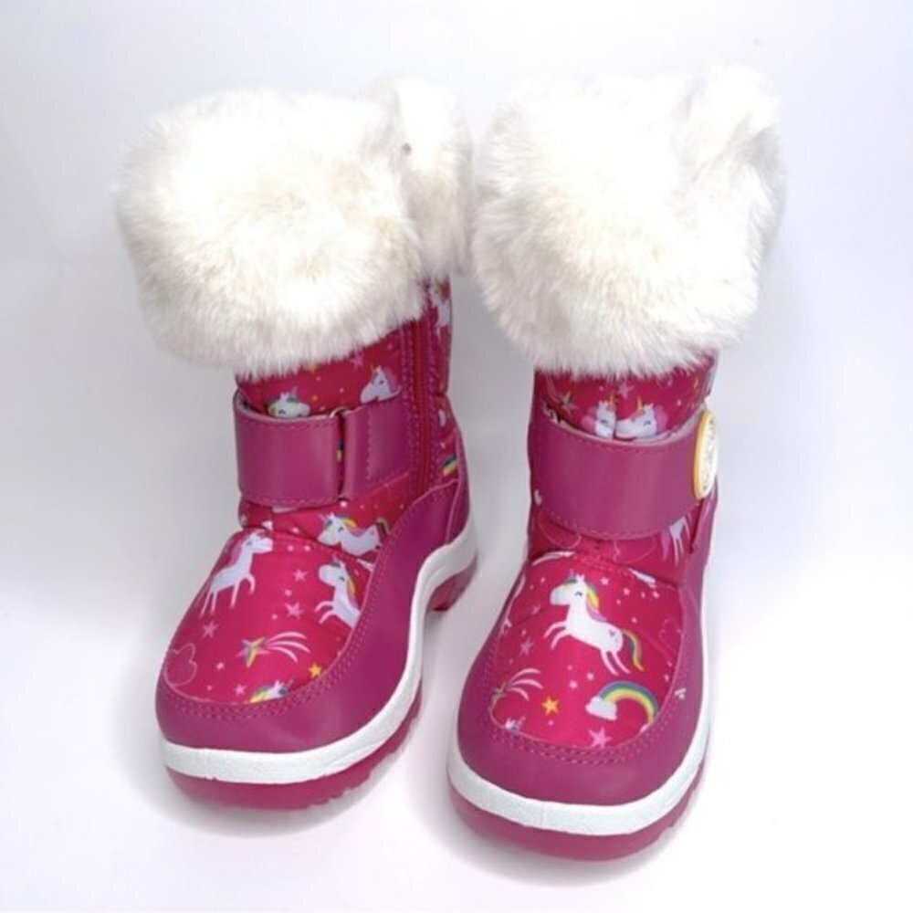 NEW Adorababy Pink Unicorn Faux Fur Snowflake Strap Boots US 9 Toddler